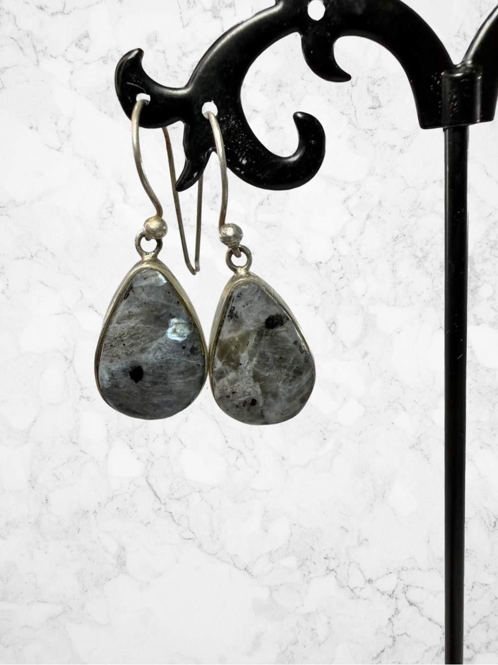 Sterling Silver 925 Labradorite Teardrop Dangle Earrings Pear Shape Blue Gray